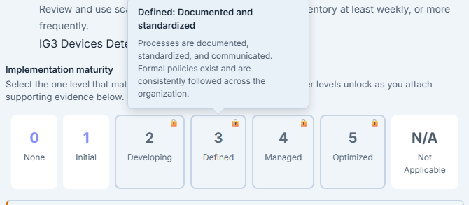 The maturity scale with its guidance line — six levels from None to Optimized plus Not Applicable, and the tooltip describing what "Defined" means.