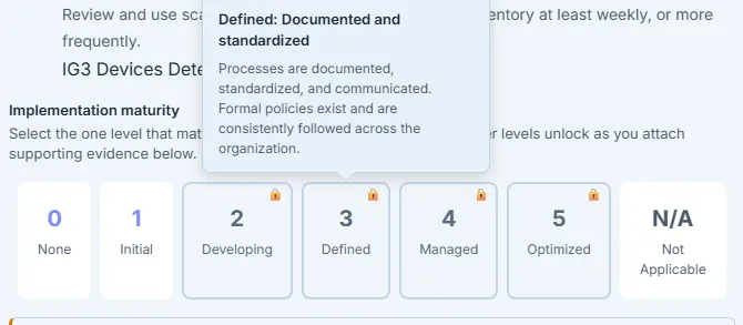 The maturity scale with its guidance line — six levels from None to Optimized plus Not Applicable, and the tooltip describing what "Defined" means.