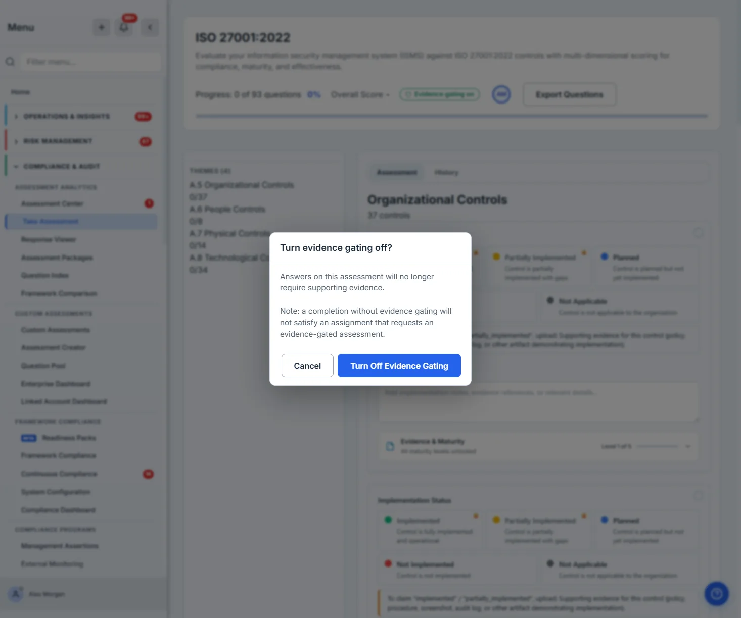 The Evidence gating chip in the assessment header with the turn-off confirmation open — "a completion without evidence gating will not satisfy an assignment that requests an evidence-gated assessment."