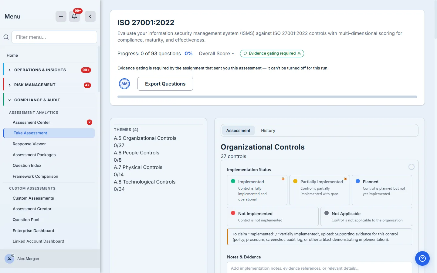An ISO 27001:2022 run whose gate was mandated. The header chip reads "Evidence gating required" with a lock, and directly beneath it the page states: "Evidence gating is required by the assignment that sent you this assessment — it can't be turned off for this run." Below, the Implemented and Partially Implemented options each carry a lock, while Planned, Not Implemented and Not Applicable do not.