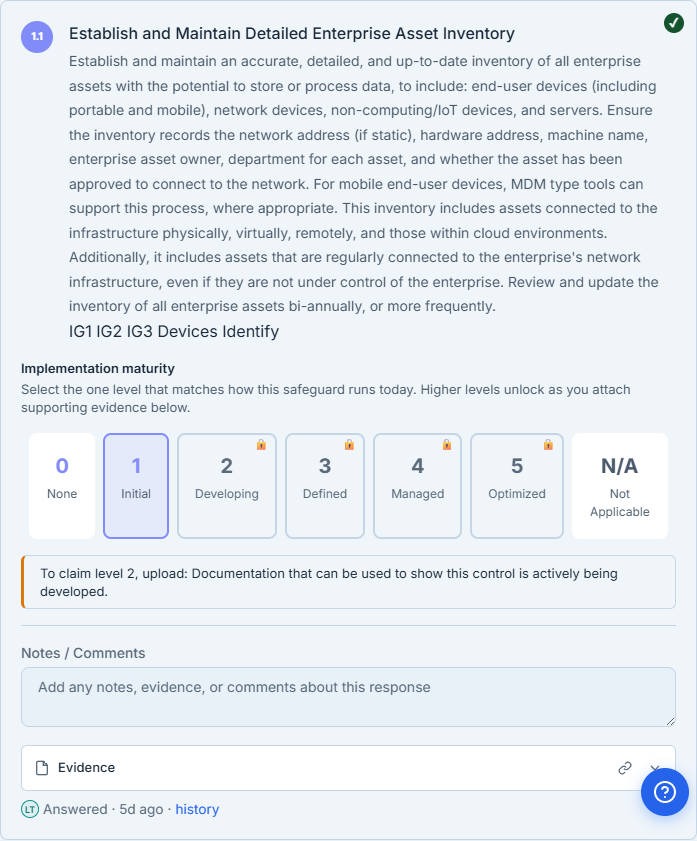 A safeguard rated Initial — the tile selected, the answer auto-saved, levels 2 and up shown muted.