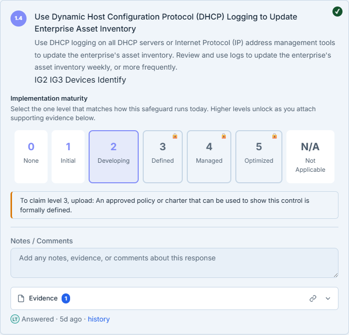A locked higher tier with the inline hint — "To claim level 3, upload: An approved policy or charter that can be used to show this control is formally defined."