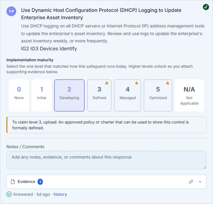 A locked higher tier with the inline hint — "To claim level 3, upload: An approved policy or charter that can be used to show this control is formally defined."