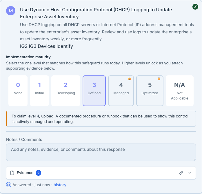Control 1.4 after linking the policy — Defined (3) is now selected, the Evidence count reads 2, and the staircase has advanced: the hint now asks for a procedure to claim Level 4 (Managed), which stays locked.