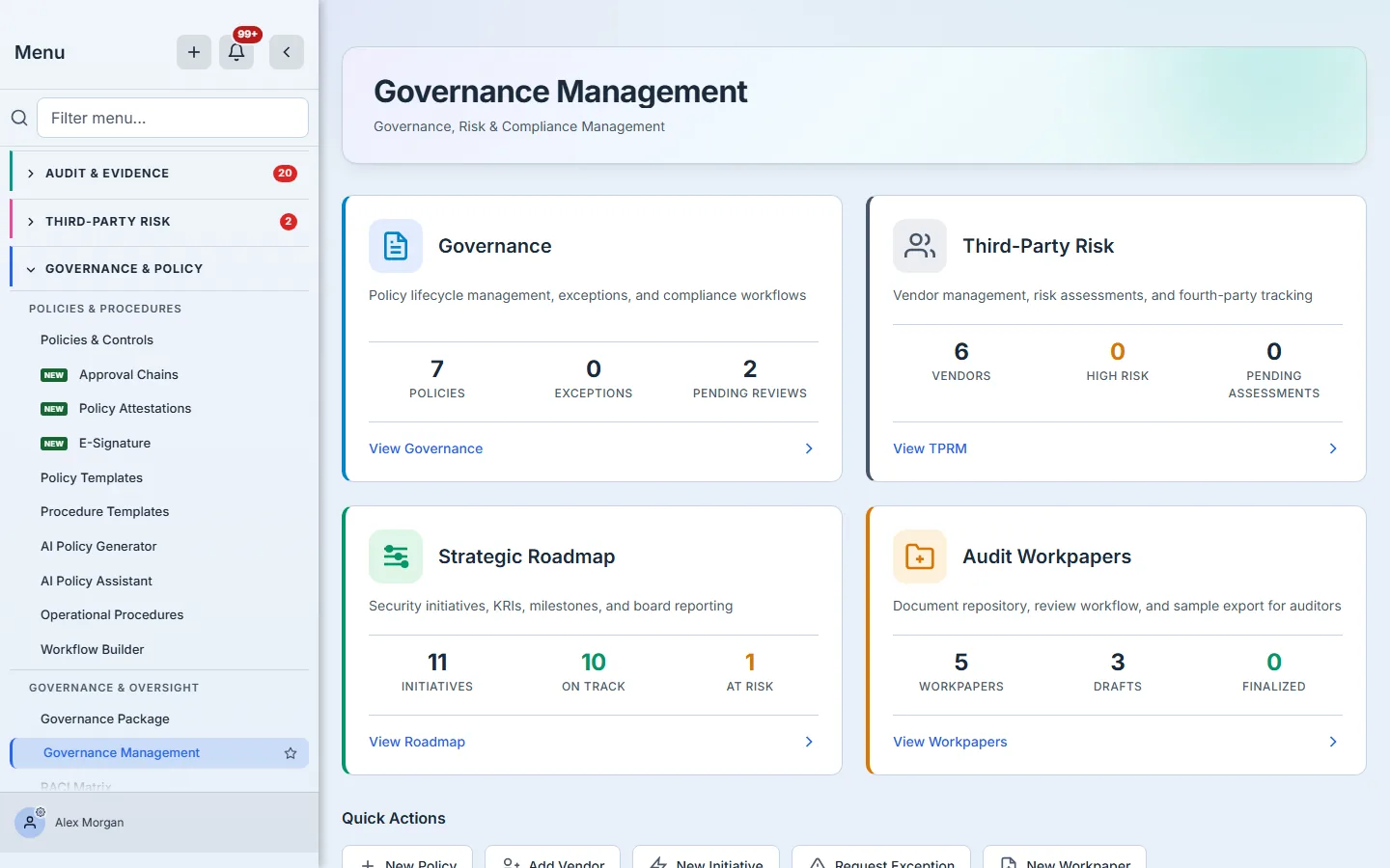 The Governance Management hub: four module cards, each with its stat trio and a link into its module, above the Quick Actions row.