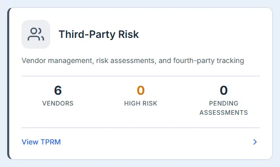 The Third-Party Risk card: vendors, high risk, and pending assessments.