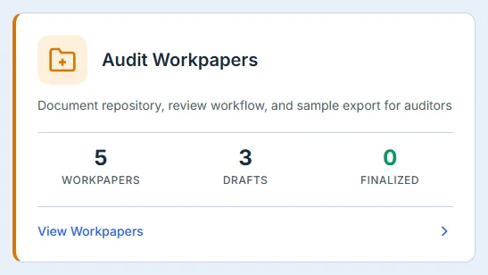 The Audit Workpapers card: total workpapers, drafts, and finalized.