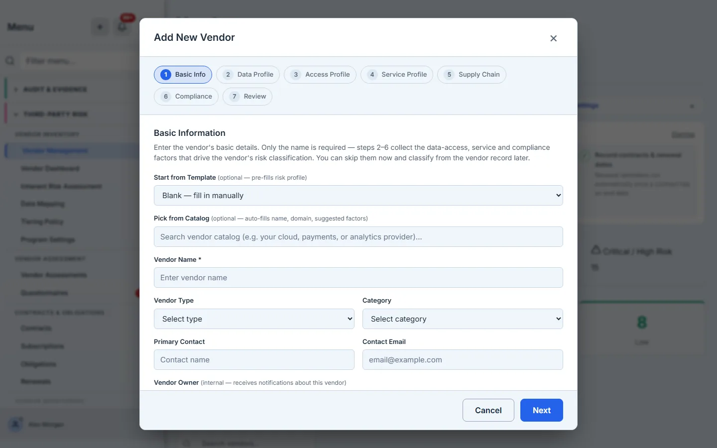 Add Vendor, opened from the hub: the wizard is already up on the vendor page.