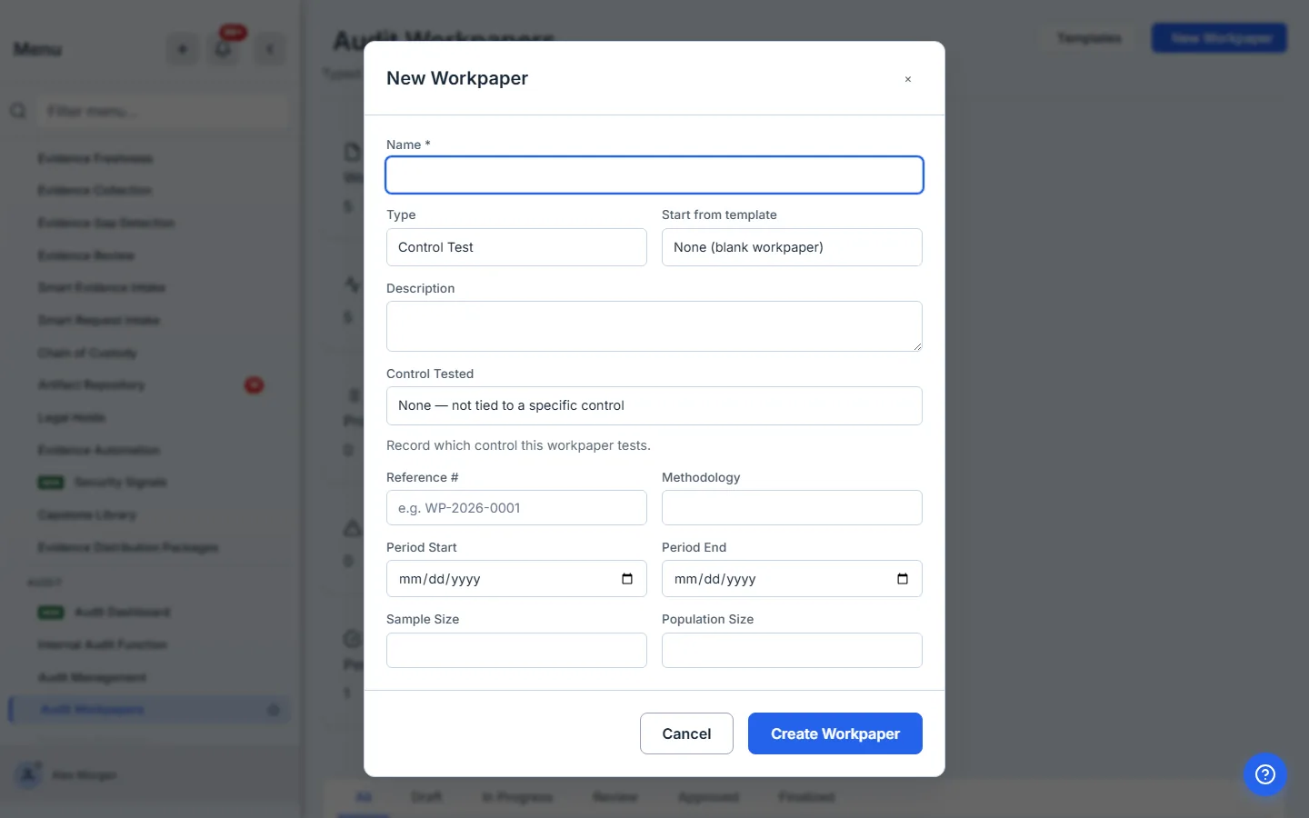 New Workpaper, opened from the hub: the create form is already up on the Audit Workpapers page.