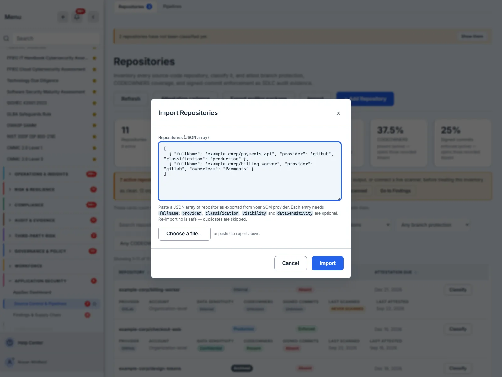 The Import Repositories modal over the register. The paste area holds a JSON array of two entries — example-corp/payments-api with provider github and classification production, and example-corp/billing-worker with provider gitlab and ownerTeam Payments. Beneath it the help text names fullName as required and provider, classification, visibility and dataSensitivity as optional, and states that re-importing is safe because duplicates are skipped. A “Choose a file…” control sits below, beside “or paste the export above.”