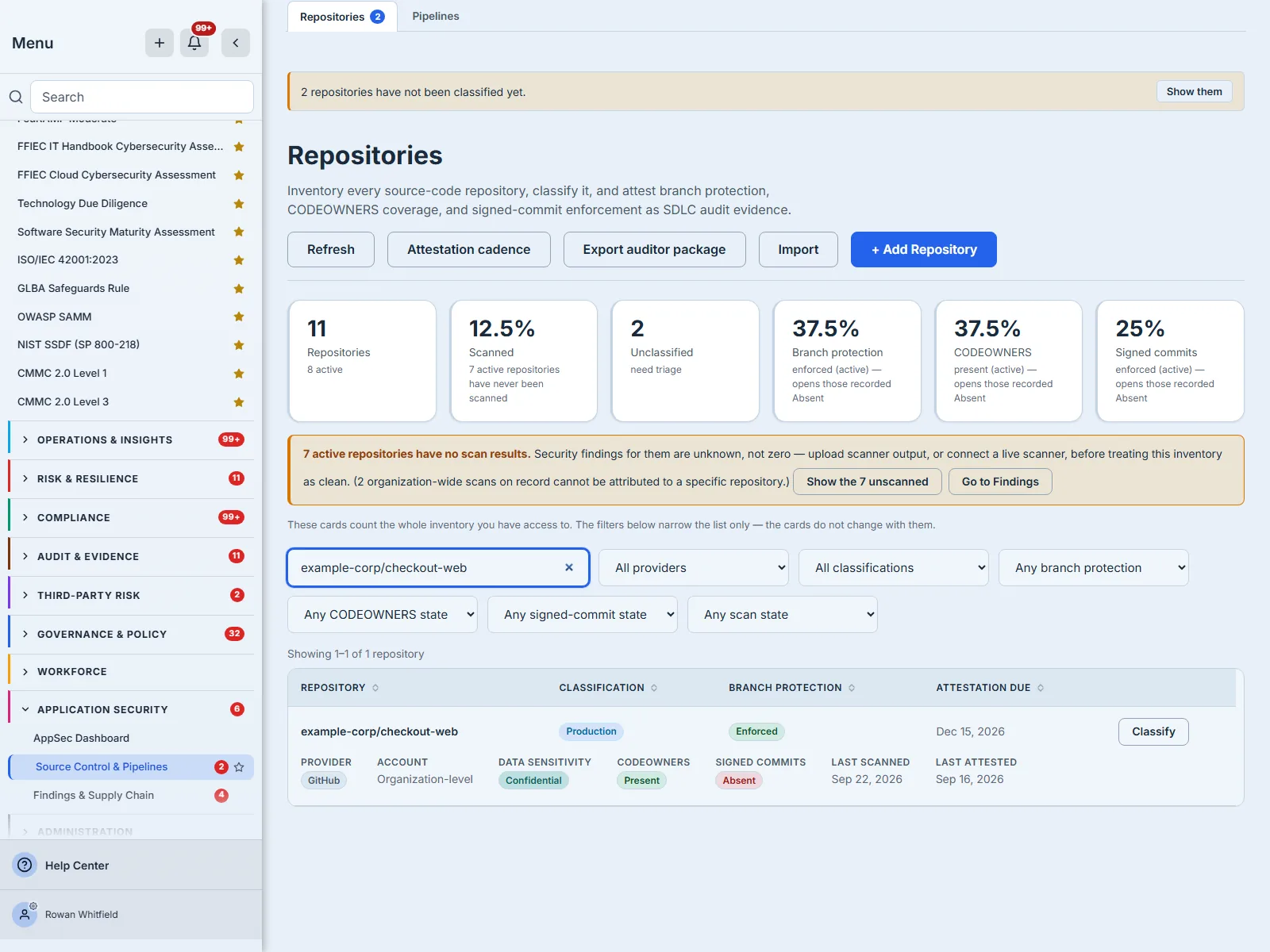 The register searched down to one repository. example-corp/checkout-web is classified Production with branch protection Enforced and its next attestation due Dec 15, 2026; its detail line reads provider GitHub, account Organization-level, data sensitivity Confidential, CODEOWNERS Present, signed commits Absent, last scanned Sep 22 2026, last attested Sep 16 2026. The table reads “Showing 1–1 of 1 repository”.