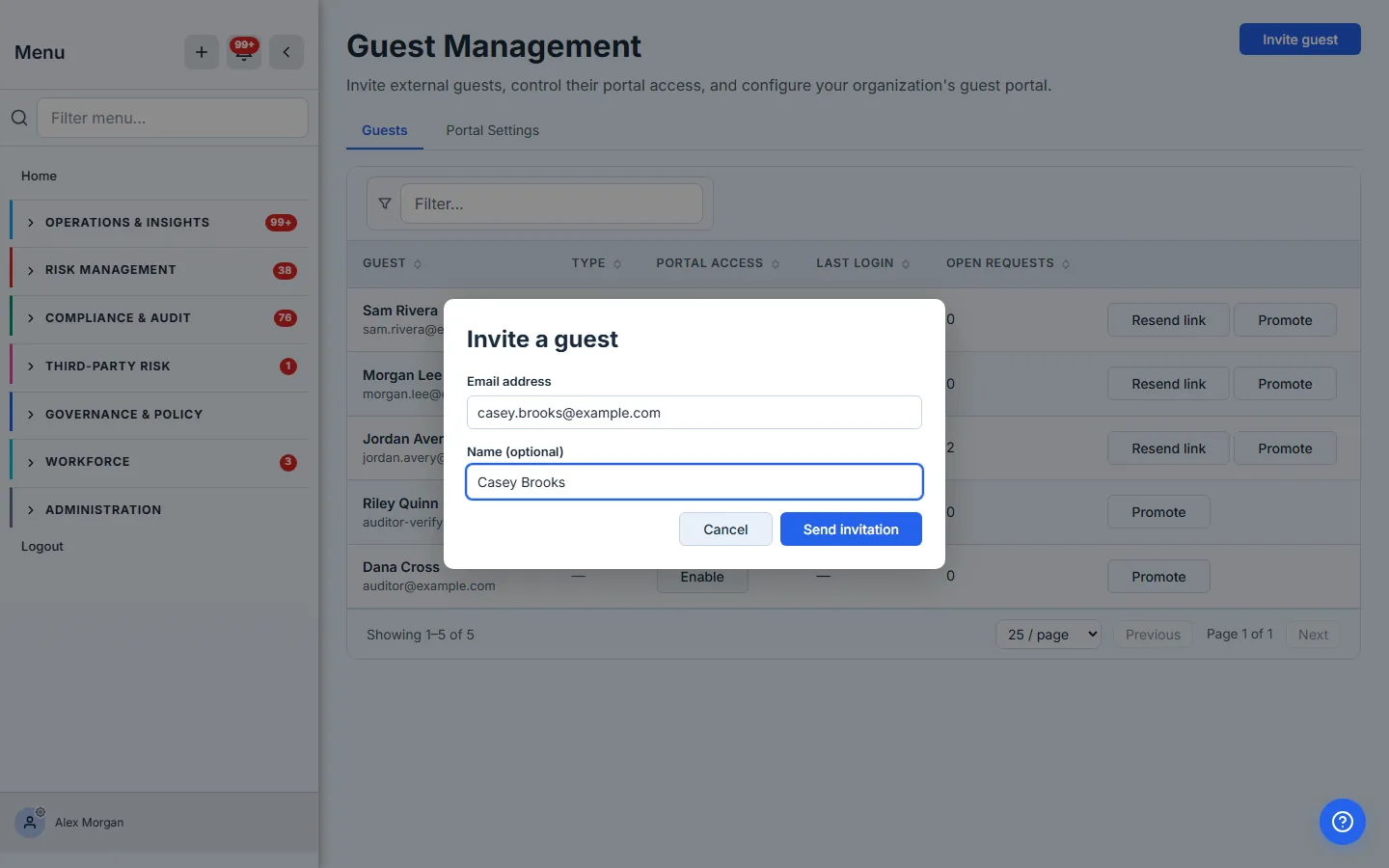 The Invite guest modal — email and name fields, with the note that an invitation link will be emailed.