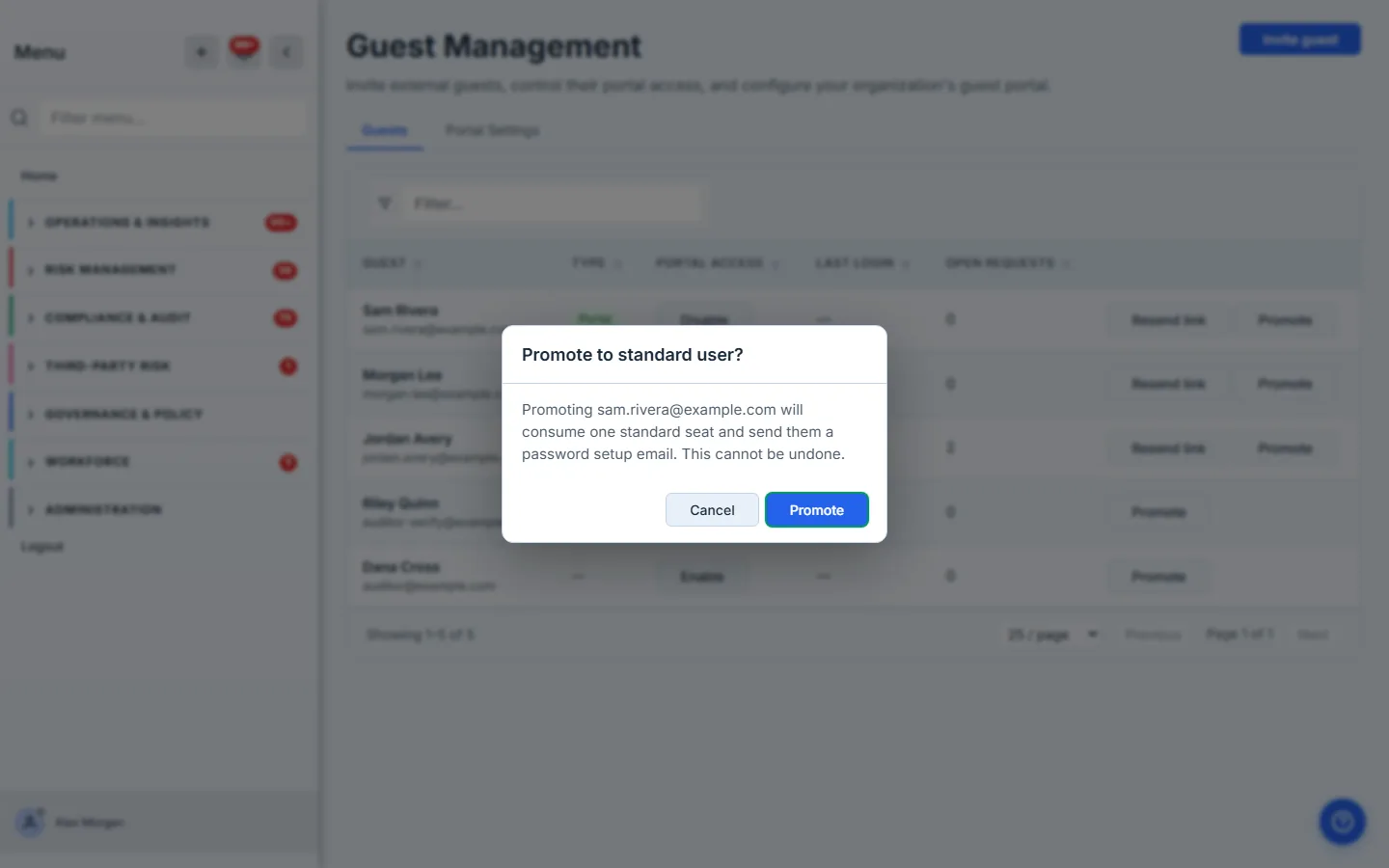 The "Promote to standard user?" confirmation — explaining the guest becomes a full user, a standard seat is consumed, and a set-password email is sent.