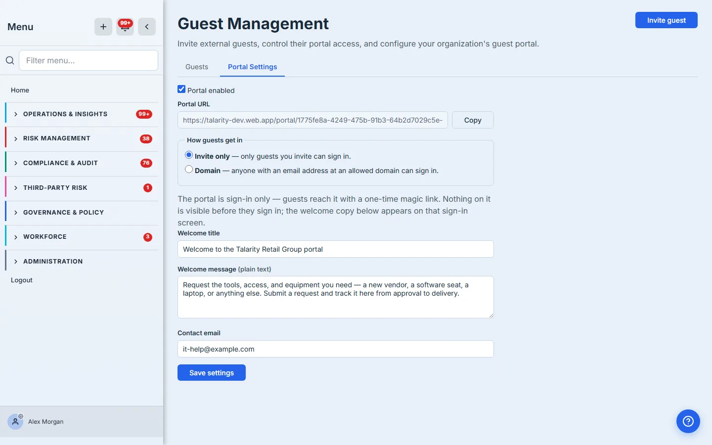 The Portal Settings tab — portal URL with Copy, the enabled switch, the invite/domain access selector, allowed-domains field, and the welcome copy.