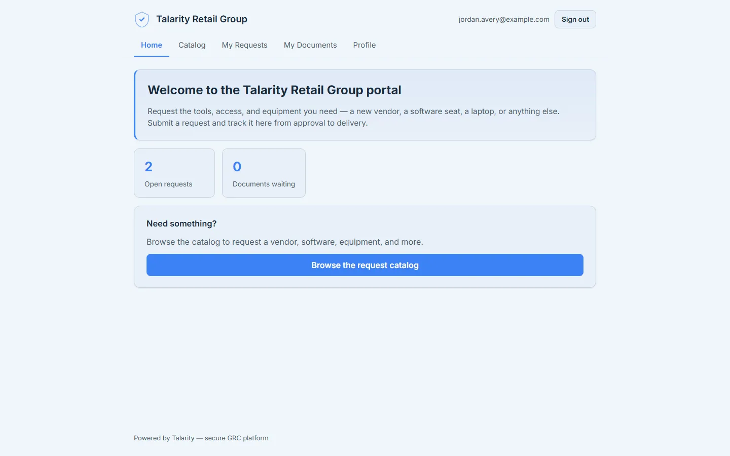 The signed-in home — count cards for open requests and documents waiting, plus a "browse the catalog" call to action.