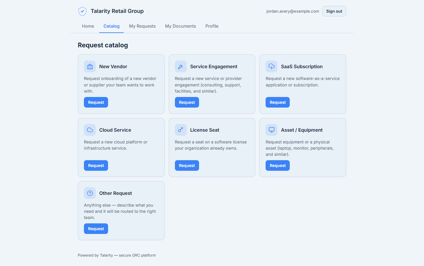 The request catalog — seven type cards, each with an icon, a short description, and a "request" button.
