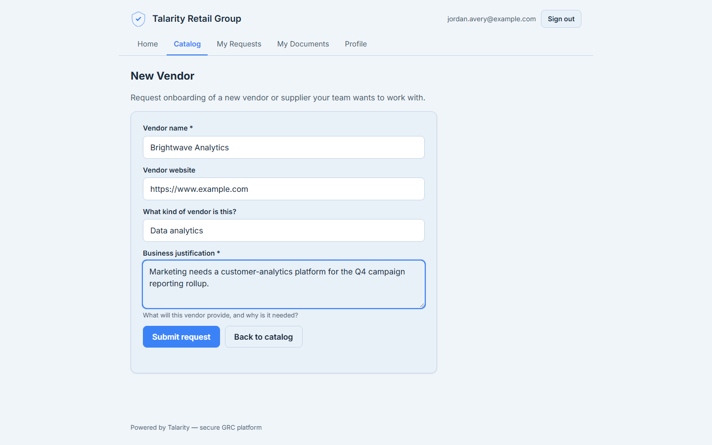 The New Vendor request form — vendor name, website, category, and a business justification field.