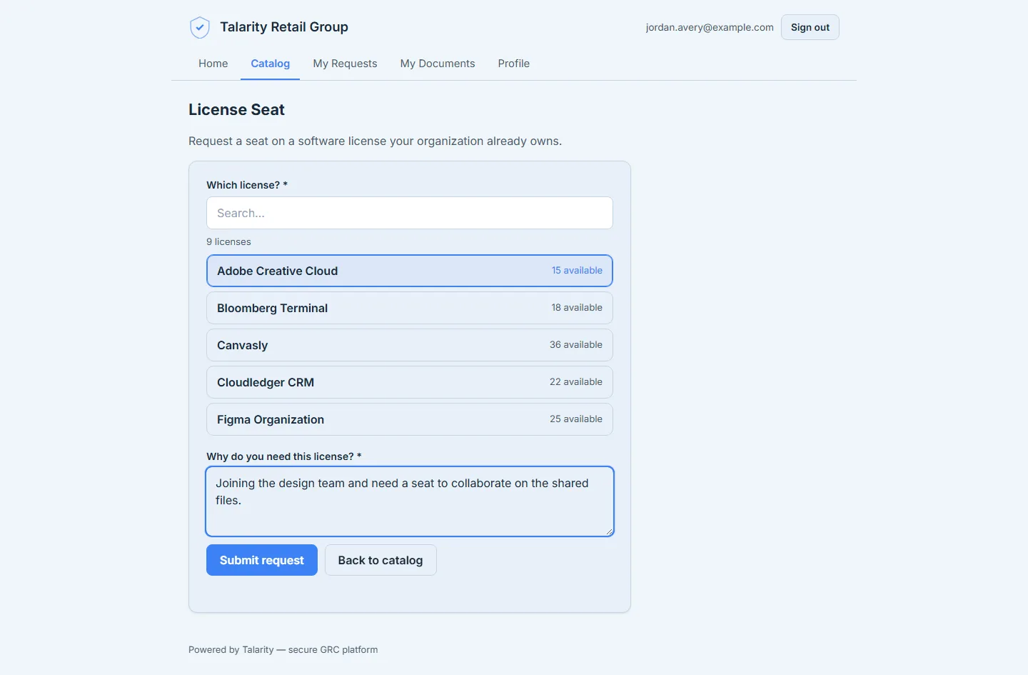 The License Seat form — a pool picker listing the org's software licenses with remaining seats shown inline.