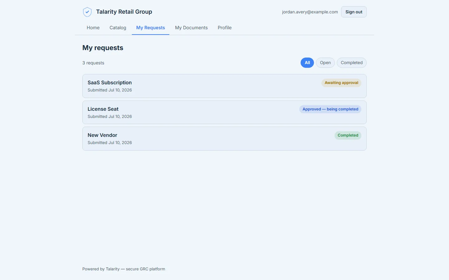 My Requests — a list of the guest's requests with status chips: one completed, one being completed by staff, one awaiting approval.