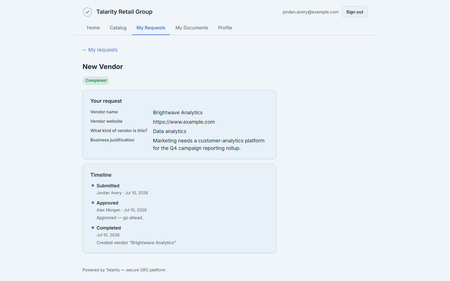 A request detail — the submitted answers, and a timeline showing submitted → approved → completed.