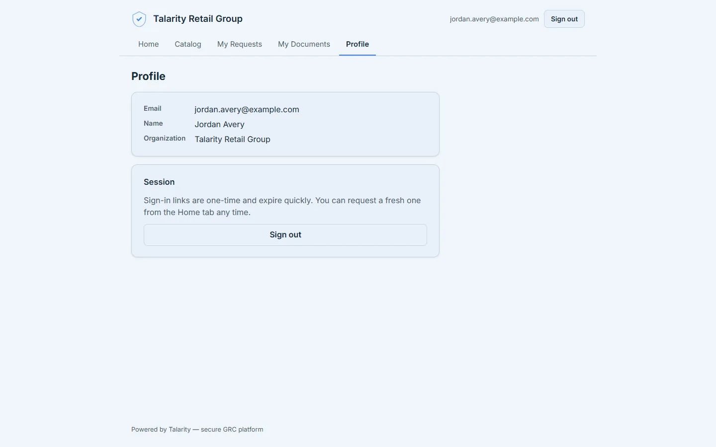 The Profile tab — the guest's email, name, and organization, a Session note about one-time sign-in links, and a sign-out control. A guest identity is intentionally lightweight: one email, one portal.