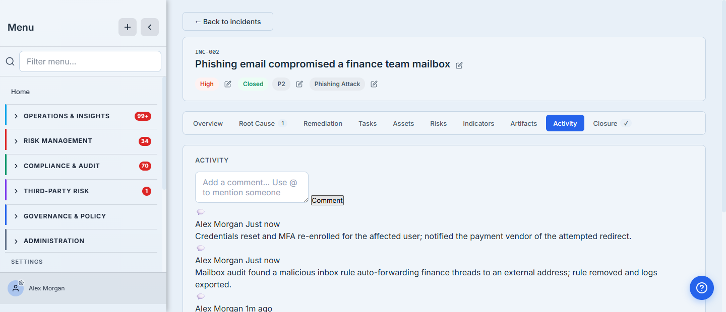 The incident's Activity timeline — a reverse-chronological feed of investigation events (the SOC flagging an anomalous corporate-email login, confirmation of the credential theft and account lockout, the mailbox-audit findings, and the credential reset plus vendor notification), each attributed to the responder by name and timestamped, above a box to add the next entry.