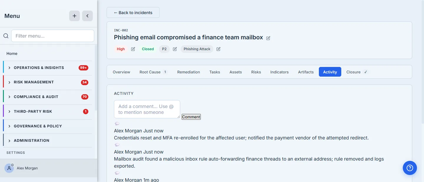 The incident's Activity timeline — a reverse-chronological feed of investigation events (the SOC flagging an anomalous corporate-email login, confirmation of the credential theft and account lockout, the mailbox-audit findings, and the credential reset plus vendor notification), each attributed to the responder by name and timestamped, above a box to add the next entry.
