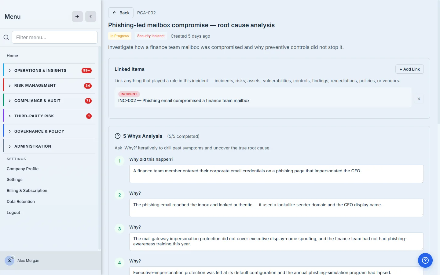 The 5-Whys analysis for the incident, marked 5/5 complete — each "Why?" answered in sequence, drilling from "a finance team member entered credentials on a phishing page" down to "no named owner was accountable for email-gateway hardening or phishing training," then a synthesized Root Cause Identified.