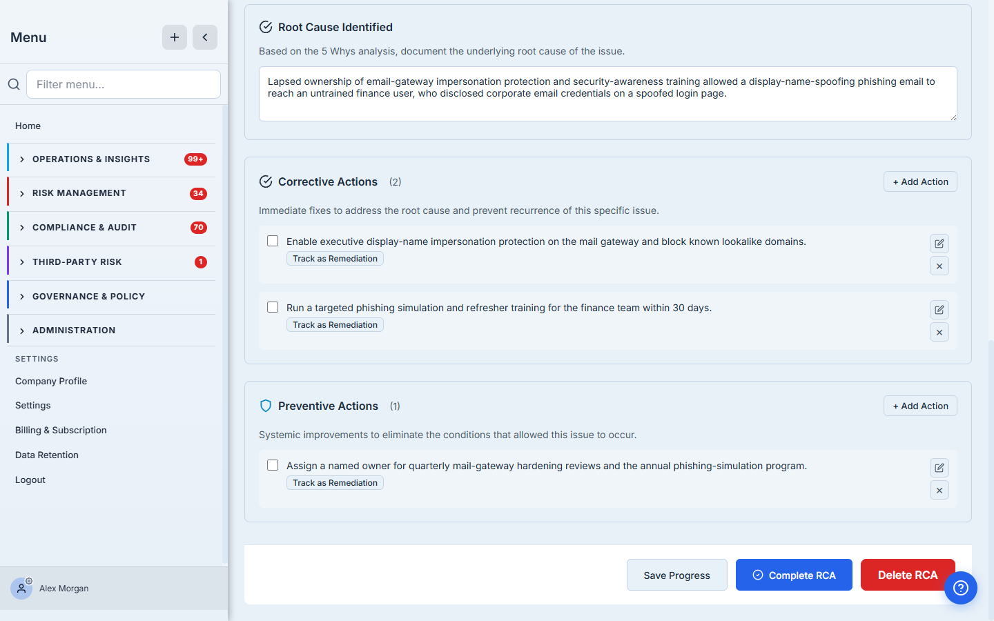The Corrective Actions and Preventive Actions sections of the RCA — each action a discrete item with an owner, a due date, and a "Track as Remediation" button, under the synthesized root-cause statement.