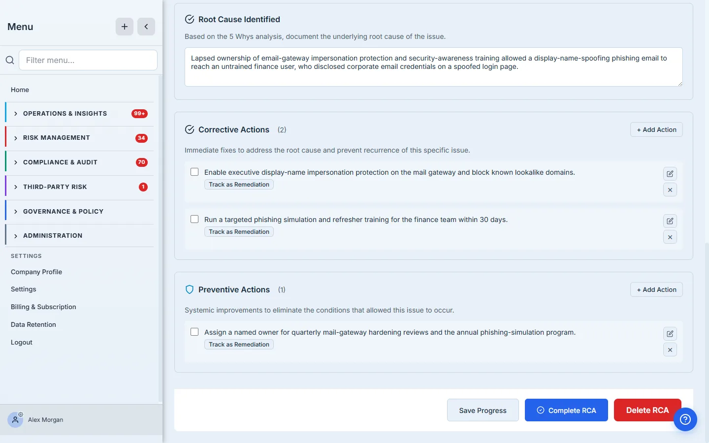 The Corrective Actions and Preventive Actions sections of the RCA — each action a discrete item with an owner, a due date, and a "Track as Remediation" button, under the synthesized root-cause statement.