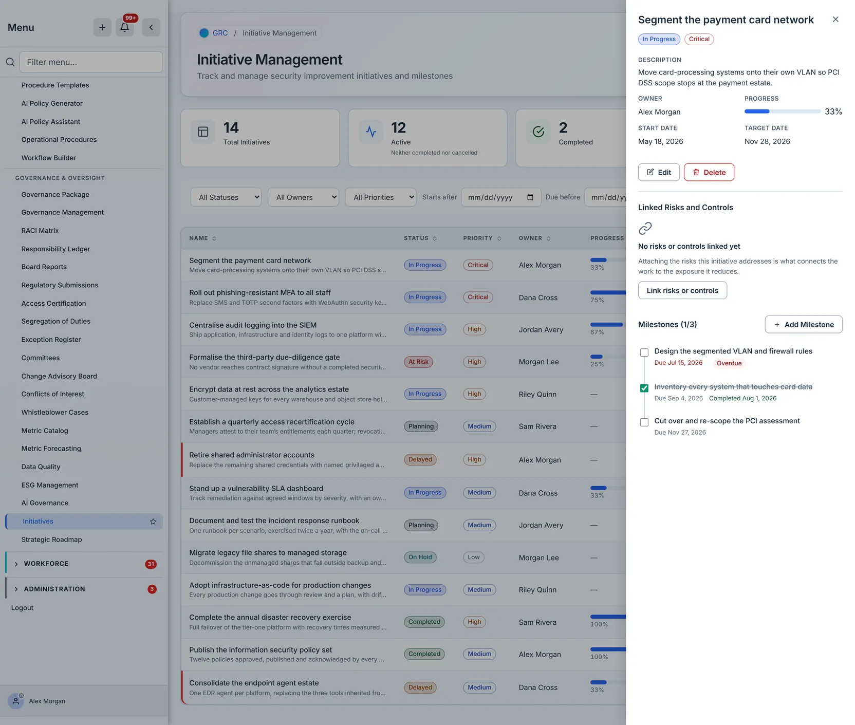 The detail panel beside the list: description, owner, progress, both dates, the linked-items section before anything is attached, and the milestone timeline