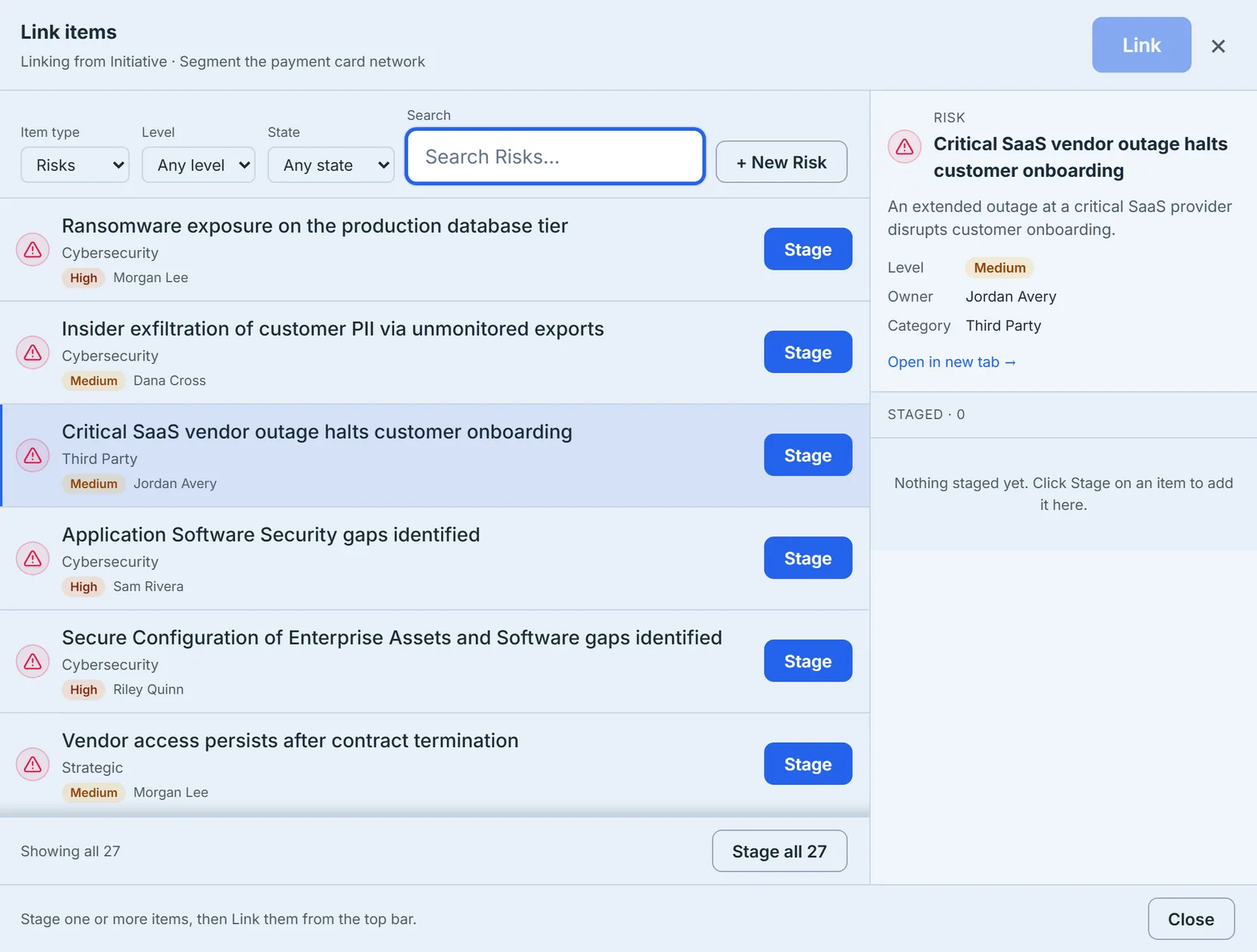 The risk register, browsable from inside the initiative