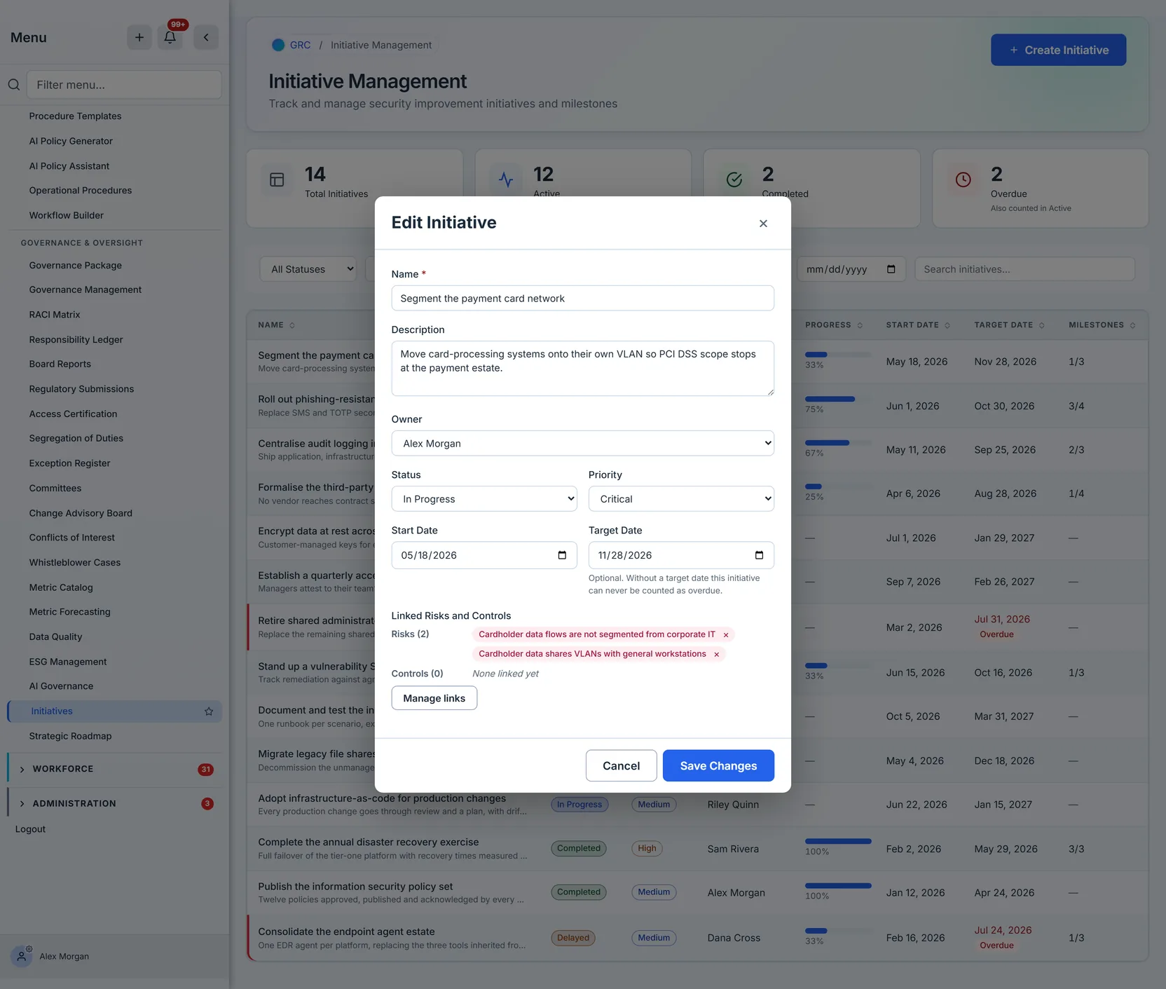 The staged risks shown as chips on the initiative form