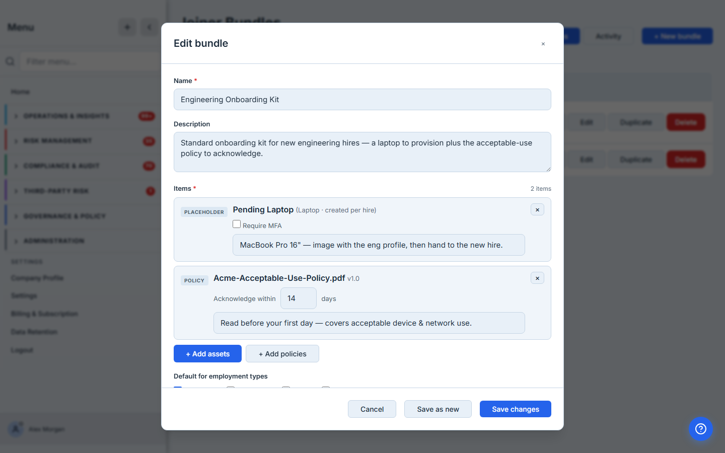 Bundle editor — a placeholder Laptop and the Acceptable Use Policy, each with a per-item note for the custodian and the new hire.