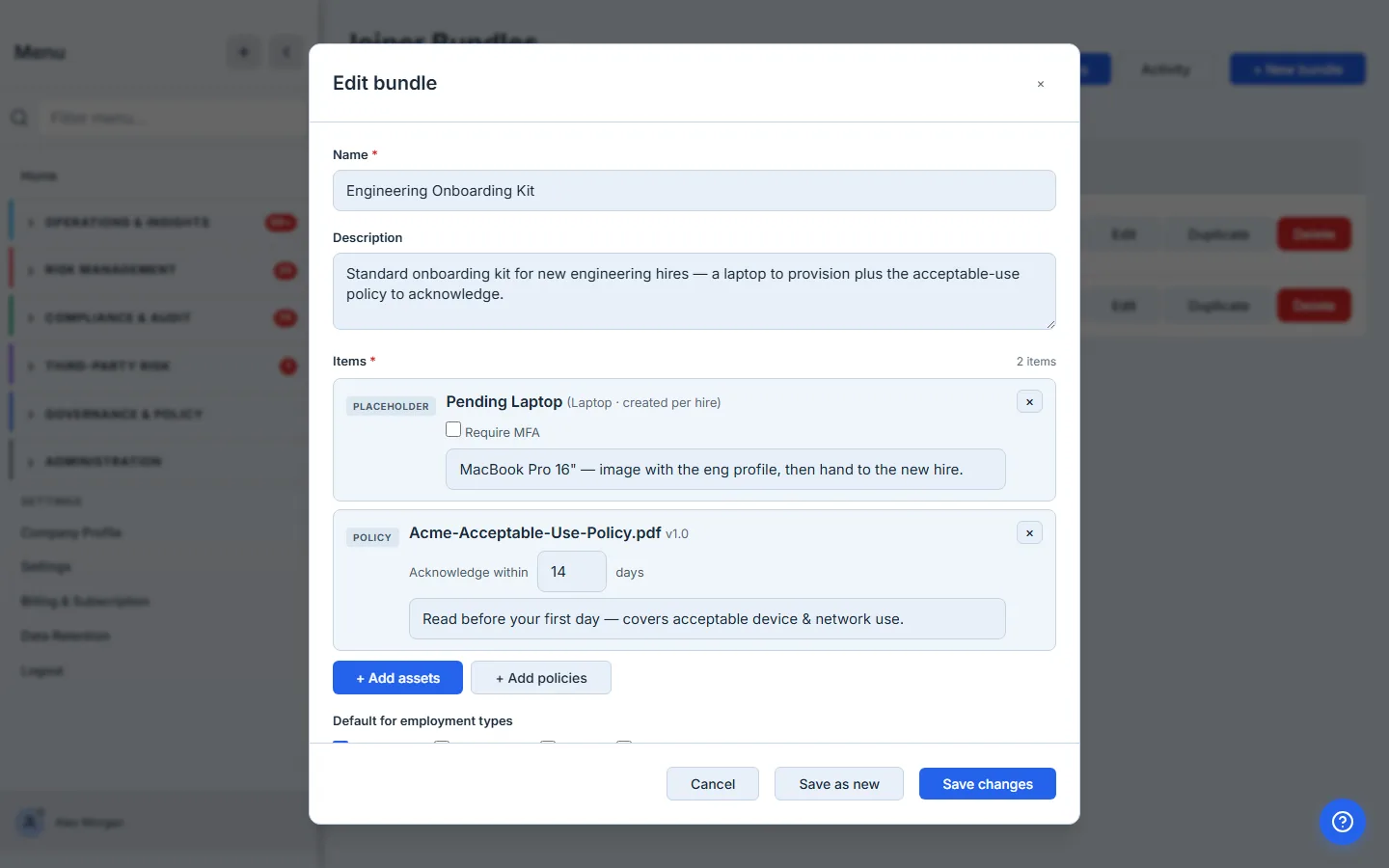 Bundle editor — a placeholder Laptop and the Acceptable Use Policy, each with a per-item note for the custodian and the new hire.