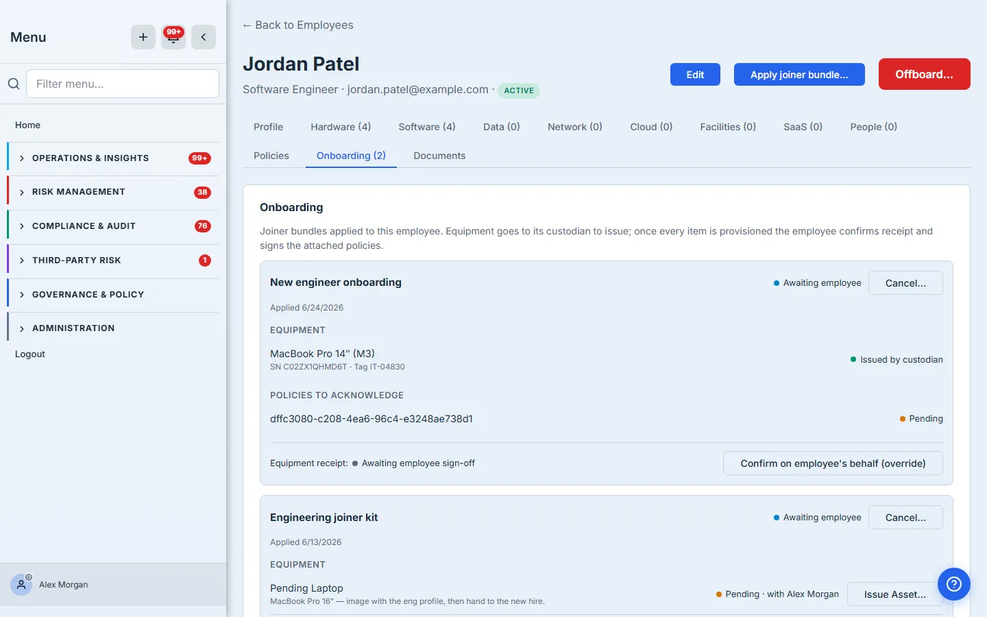 Onboarding tab — the bundle is "Provisioning equipment": the laptop is Pending with an Issue Asset… action, and the policy is held with a note that it sends once equipment is issued.