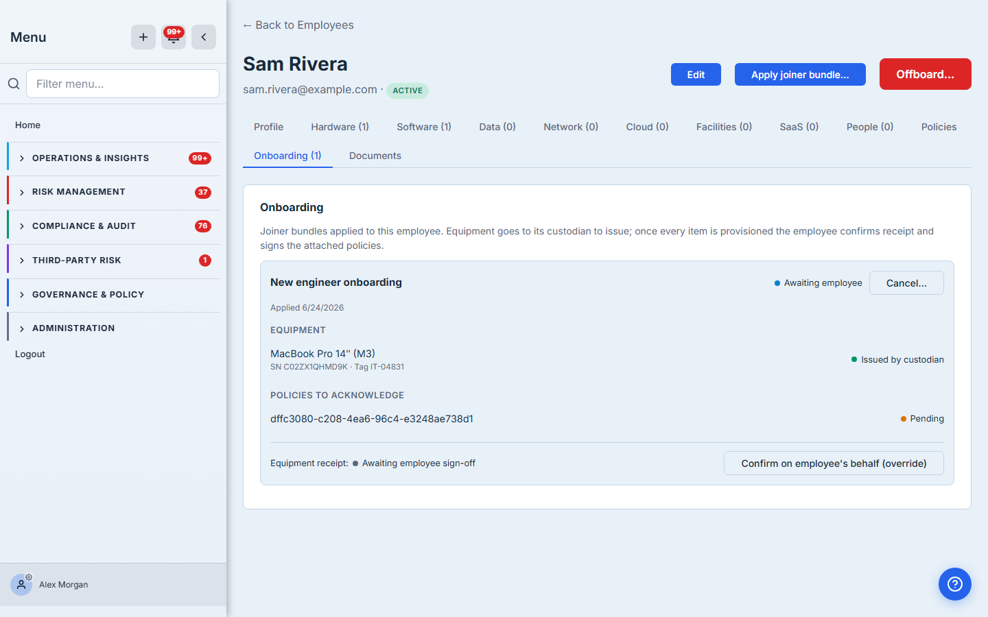 Onboarding tab — "Awaiting employee": the laptop is Issued with its serial and tag, the policy has been sent, and Confirm receipt is now available.