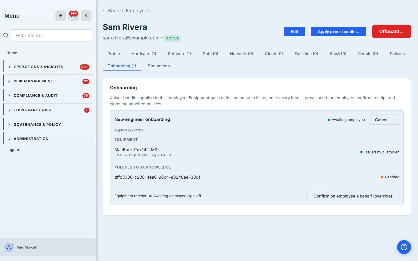 Onboarding tab — "Awaiting employee": the laptop is Issued with its serial and tag, the policy has been sent, and Confirm receipt is now available.