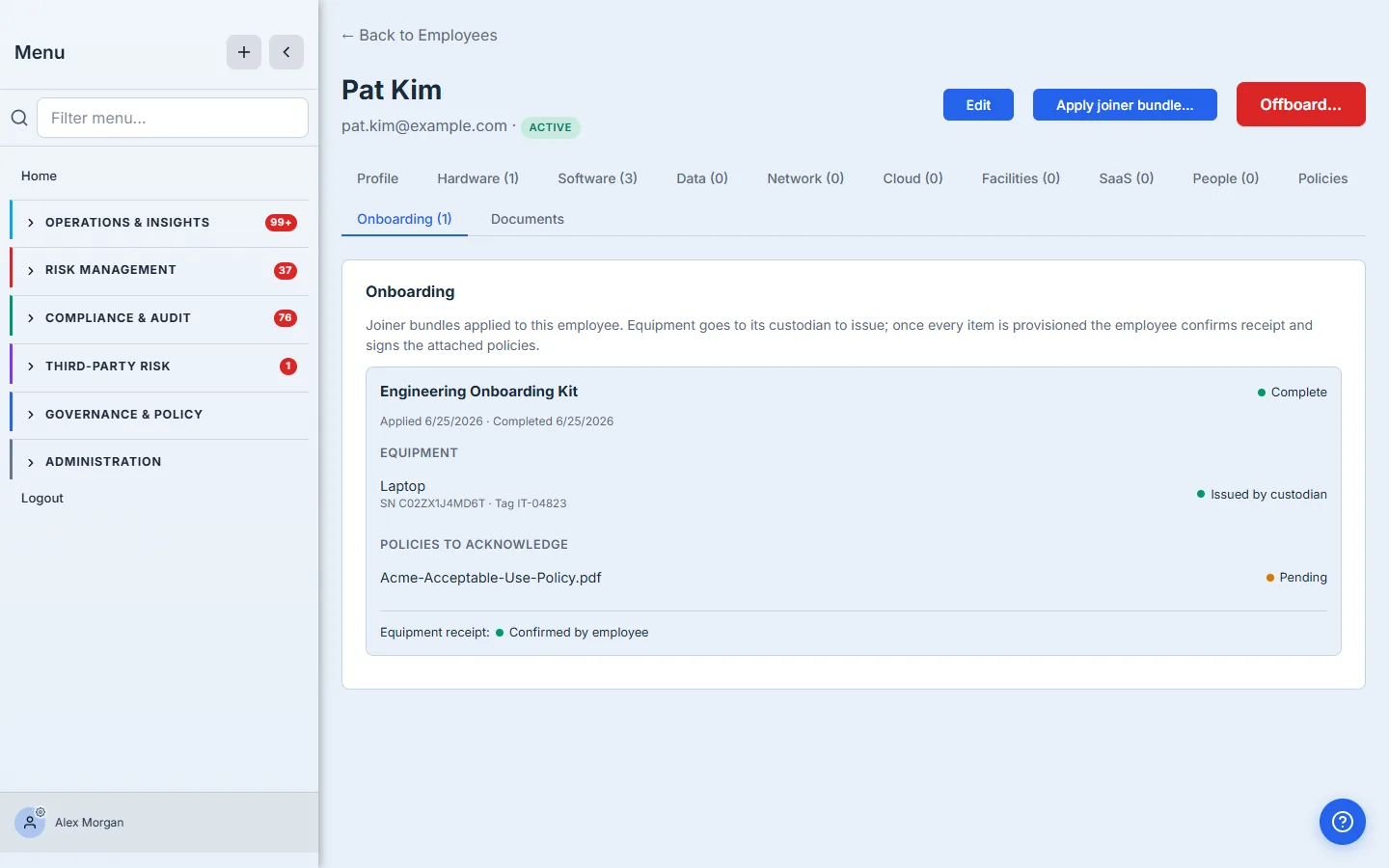 Onboarding tab — "Complete": equipment Issued, Acceptable Use Policy Signed, equipment receipt Confirmed, with the completion date stamped.