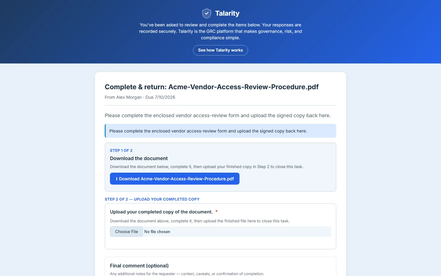 The recipient portal — a document-completion task: Step 1 downloads the source document, Step 2 uploads the finished copy, and the task can't be submitted until a file comes back.