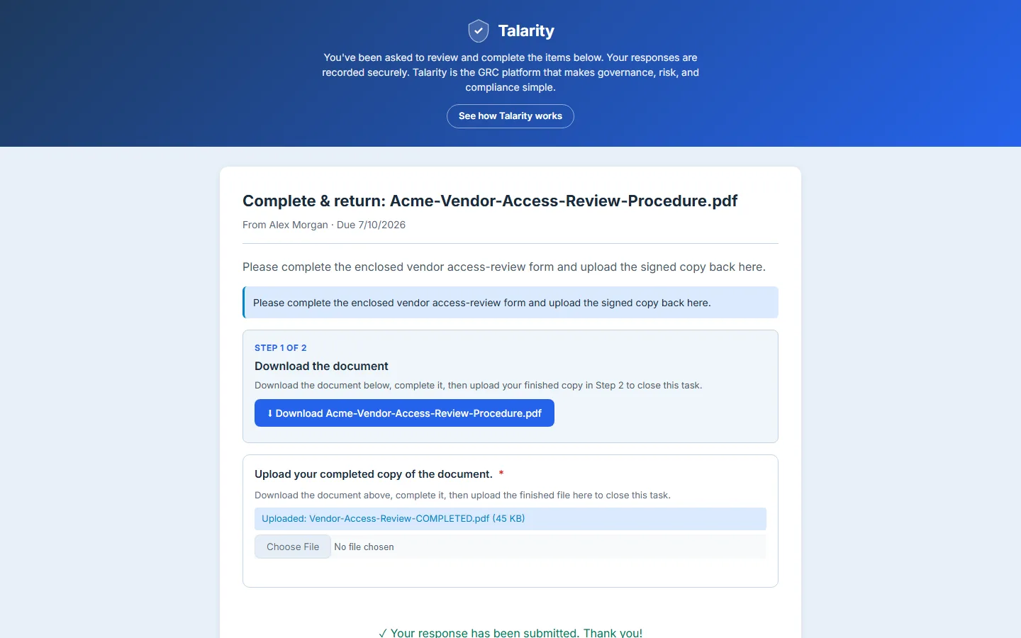 The same portal after the recipient returned their completed copy — the finished file recorded against the task and the response submitted.