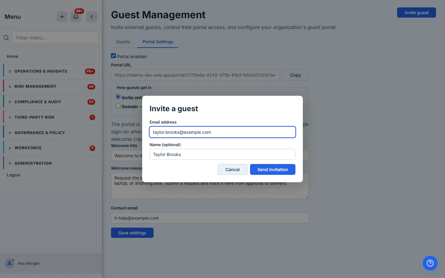 Portal Settings — the Portal enabled switch, a copyable Portal URL, the Invite-only vs Domain access choice, and the welcome and contact fields that render on the sign-in screen.