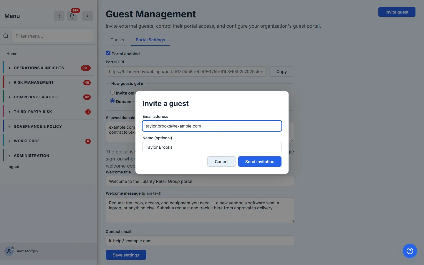 Access mode set to Domain — allowed domains listed one per line. In this mode, a first-time visitor at an approved domain is provisioned automatically when they request their sign-in link.
