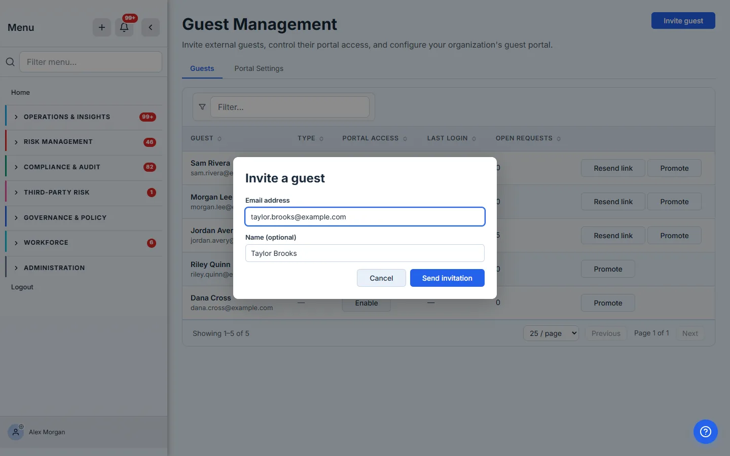 The Invite a guest modal — an email address and an optional name. The guest gets a one-time sign-in link; the invitation is valid for seven days.