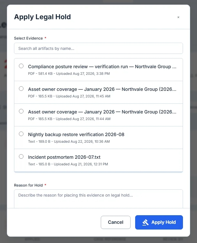 The Apply Legal Hold dialog opening on the artifact picker: a search box above a list of artifacts, each on its own row with a radio button, name, type, size and upload time, and the beginning of the hold form below