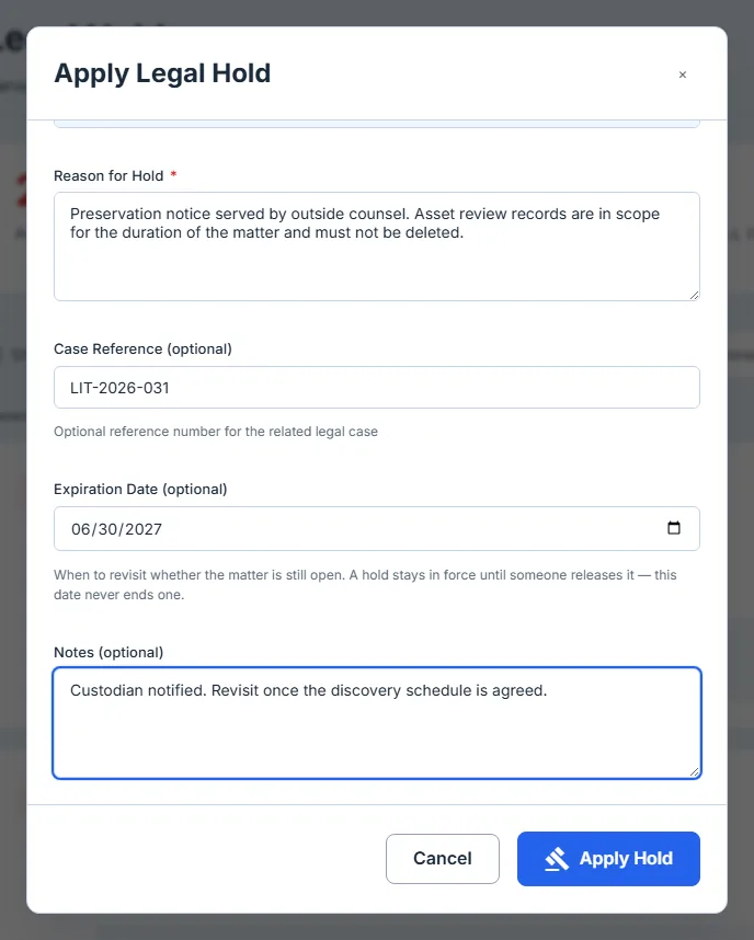 The completed hold form showing a reason, a case reference, an expiration date and notes filled in, with the Apply Hold button active