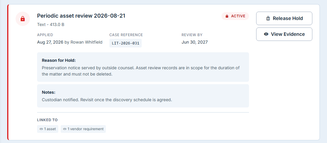 The new hold card showing the artifact name, an Active badge, the applied date and the name of the person who applied it, the case reference, the Review by date, the reason and notes below it, and a Linked To row counting 1 asset and 1 vendor requirement