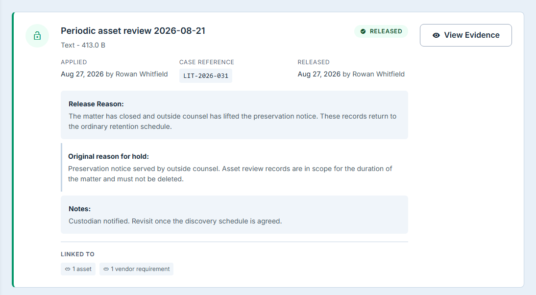 A released hold card showing the Released badge, and beside it the release date and the name of the person who released it, the release reason, and beneath it the preserved original reason for the hold alongside the unchanged case reference and the applied date with the name of the person who placed it