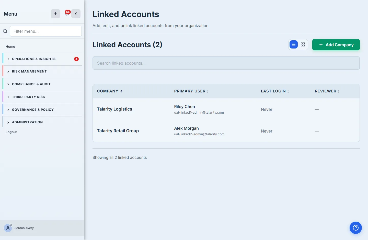 The Linked Accounts register — "Linked Accounts (2)" with a search box, a table/card view toggle, and an "Add Company" action; a table of linked accounts (Talarity Logistics → primary user Riley Chen, Talarity Retail Group → primary user Alex Morgan) with each account's primary user email, last login, and reviewer columns.