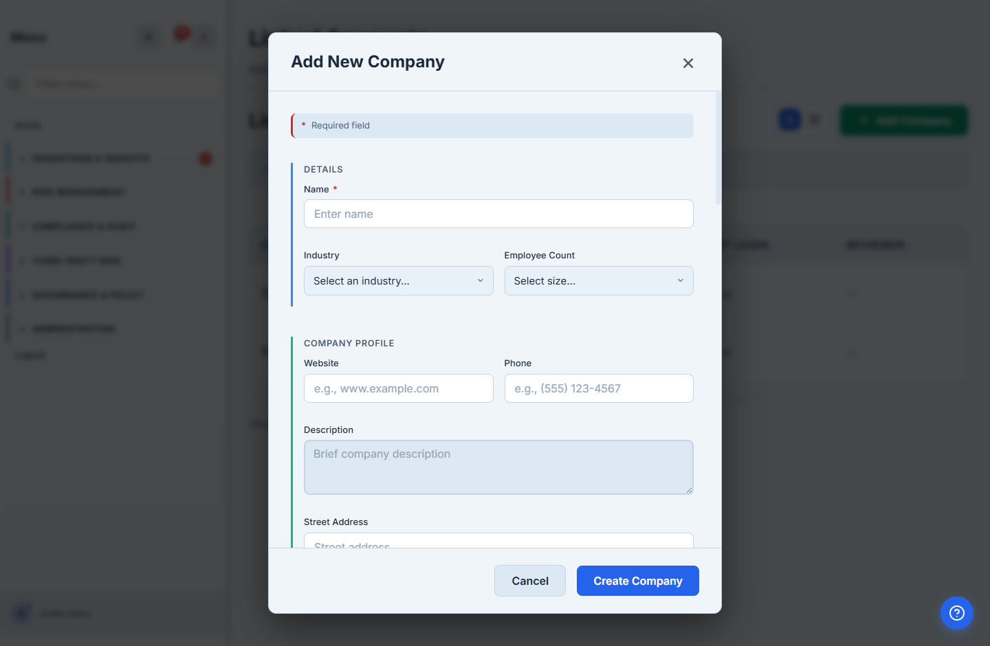 The "Add New Company" modal — a Details section (Name required, Industry, Employee Count) and a Company Profile section (Website, Phone, Description, Street Address), with Cancel and "Create Company" actions.